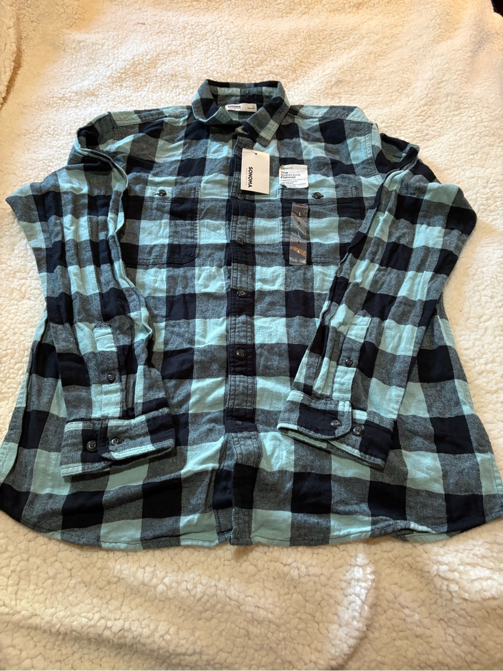 Sonoma Light Blue and Black Plaid Button-Down Shirt